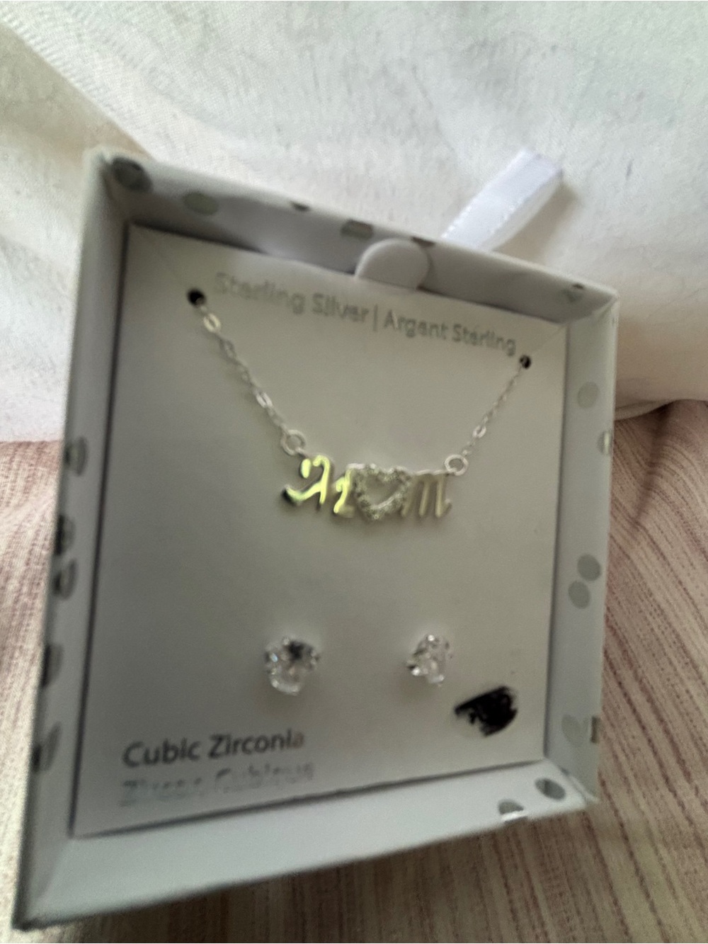 Sterling Silver 'Mom' Heart Necklace and Cubic Zirconia Stud Earrings - Silver